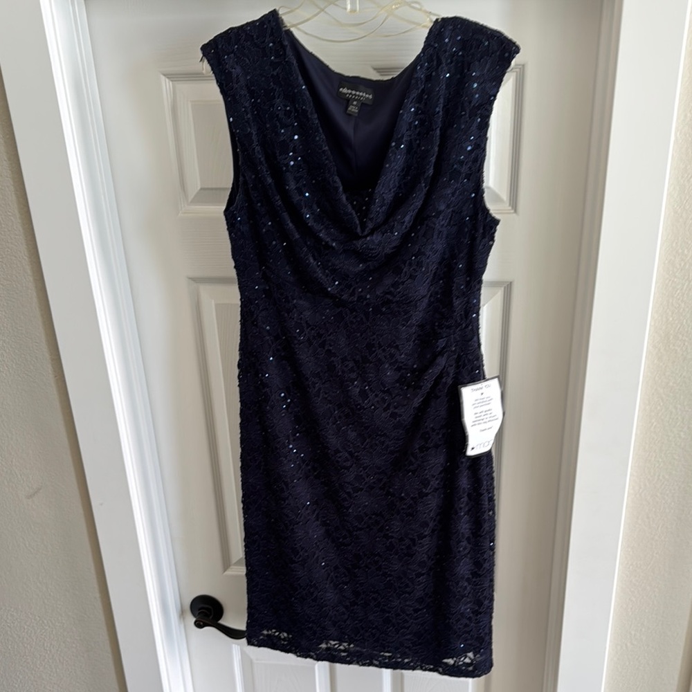 Adrianna Papell Navy Sheath  Dress Cowl Neck Sleeveless
